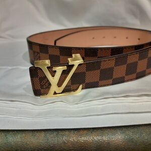 Louis Vuitton Brown Checkered Belt with Gold Buckle
